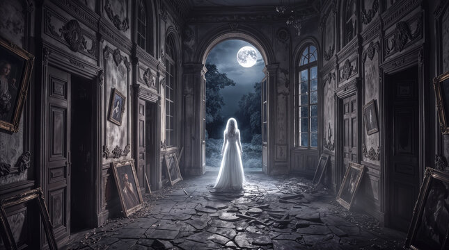 Ghostly figure in white dress standing in ruined mansion hallway under full moon. Ethereal woman looking out arched doorway in abandoned gothic estate.