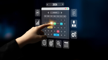 Fototapeta premium 2026 calendar interface surrounded by AI, data, and business icons representing scheduling, planning, and productivity management Parse