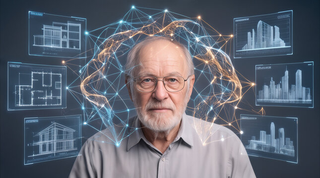 Senior architect visualizing smart city infrastructure with digital holographic interfaces. Experienced engineer planning urban development using advanced neural network technology.