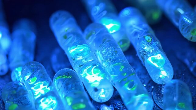 Glowing blue bioluminescent capsule under ultraviolet light, science laboratory macro