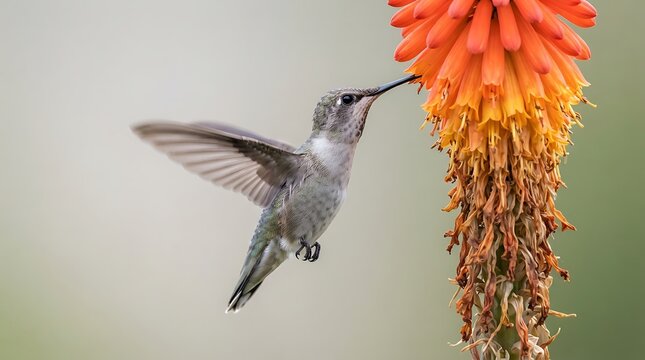 Hummingbird in flight near vibrant red flower with green leaves