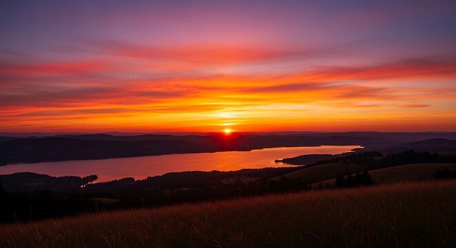 Vibrant sunset over a calm lake with rolling hills in the foreground, featuring warm orange, purple, and red hues in the cloudy sky