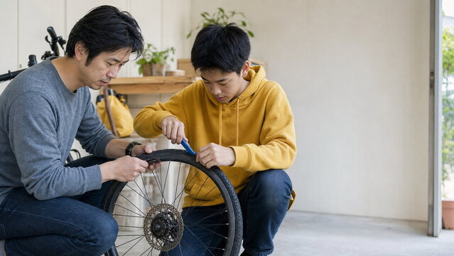 Japanese father and son repairing bicycle tire together