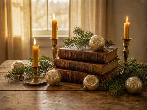 Vintage Christmas still life featuring old leather-bound books, burning yellow candles in brass holders, and silver ornaments on a rustic wooden table with pine branches
