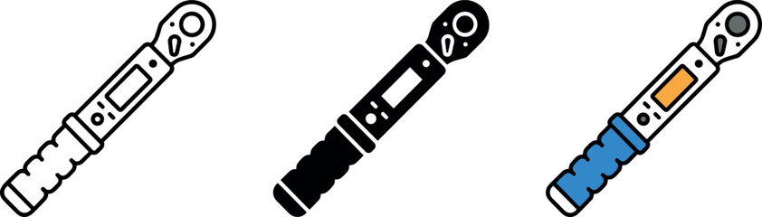 Naklejka premium Digital Torque Wrench Vector Icon Set Featuring Precision Electronic Ratchet Spanners with LCD Displays for Professional Automotive Mechanics and Industrial Engineering Maintenance