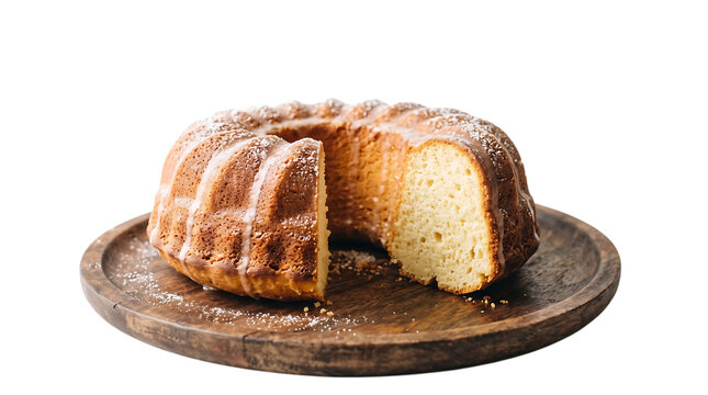 A delicious golden ring cake served on a rustic wooden plate isolated on transparent background