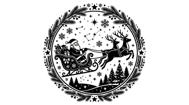 Circular wreath with Santa sleigh and reindeer.