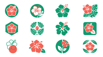 Collection of red hibiscus flower logos and graphics. © Hana