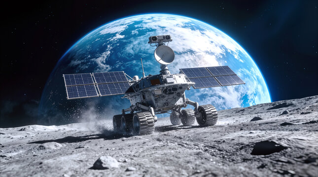 Space rover traversing lunar surface with earth rising in background. Autonomous exploration vehicle driving on moon terrain for scientific research and planetary discovery.