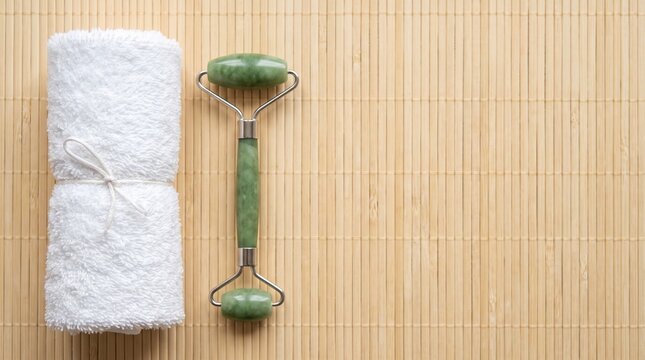 Minimalist spa flat lay with a rolled white towel and jade roller on a bamboo mat