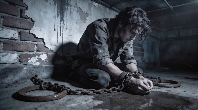 Hostage kneeling in dark basement with hands bound by heavy iron chains. Captive man held in underground dungeon or prison cell.