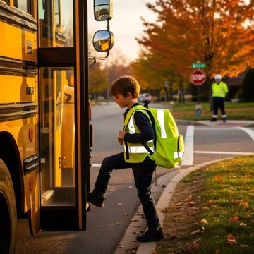 Child wearing high visibility vest steps onto school bus with a crossing guard in background for road and kid safety