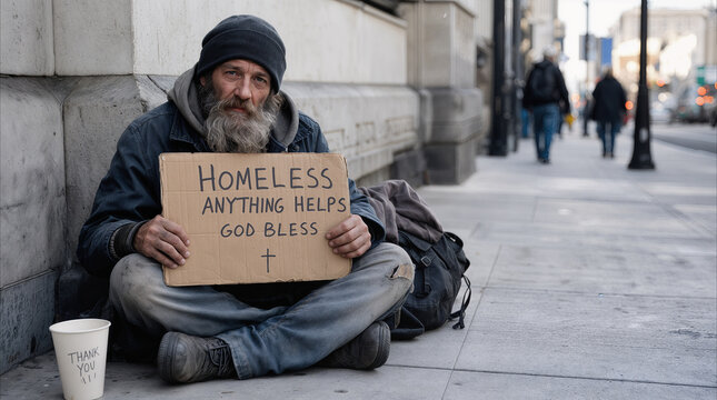 Unsheltered middle aged man sitting on city sidewalk holding cardboard sign asking for help. Homeless person seeking charity and assistance in urban environment.