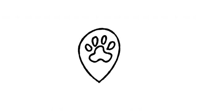 Hand drawn 4K lost pet map pin doodle animation with boiling line motion. Frame by frame outline on black and green screen backgrounds, perfect for location finder, missing dog, and cat search.