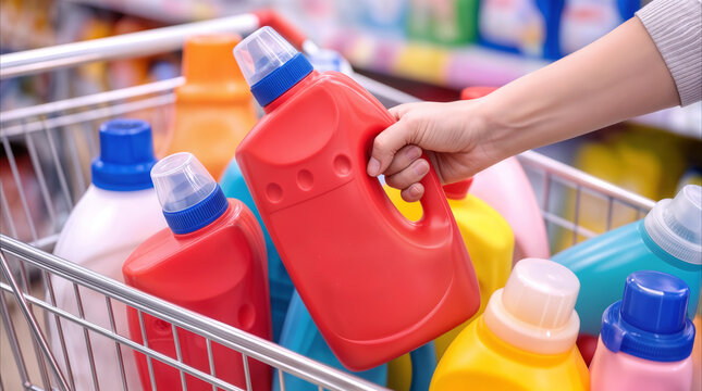 Customer picking up red plastic bottle of laundry detergent in supermarket. Shopping for household cleaning supplies and domestic chemicals.