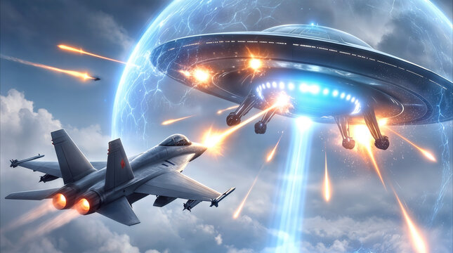Military jet fighter engaging in aerial combat with unidentified flying object. Sci-fi battle scene with energy beams and force field above clouds.