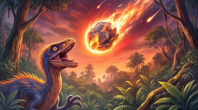 Small feathered dinosaur looking at giant flaming asteroid falling from sky. Prehistoric extinction event concept in lush jungle environment.