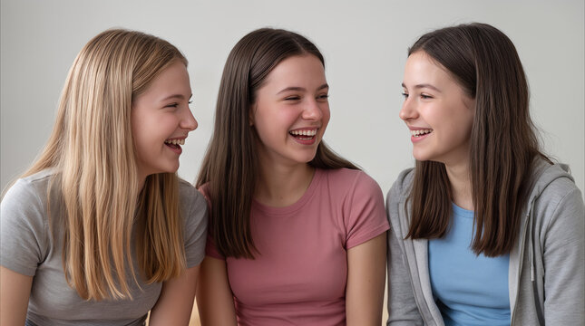 Schoolgirls laughing together during break. Three teenage friends sharing funny story in classroom or hallway.