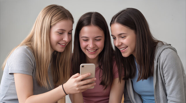 Teenage girls laughing while looking at smartphone screen together. Group of friends watching funny video or social media content on mobile device.