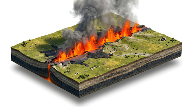 Isometric volcano eruption cross section of earth strata isolated graphic