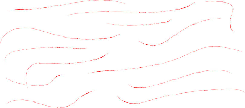 Red pencil sketch lines and hand drawn charcoal strokes, textured crayon scribble marks on white background, artistic wax pencil hatching elements for creative graphic design projects