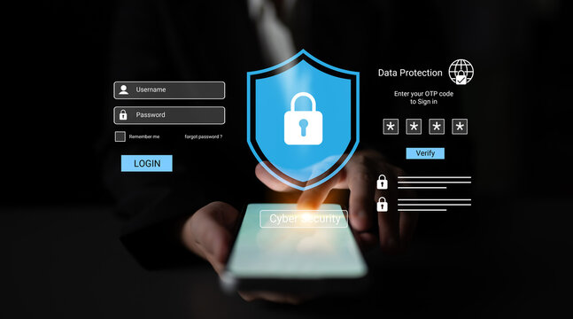 A visual representation of a secure login process featuring a mobile phone and cybersecurity elements, illustrating data protection and user safety in a digital environment. Gantry