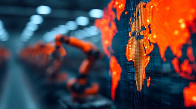 A digital map of the world in fiery colors displayed on a screen with robotic arms blurred in the background, highlighting technology and automation.