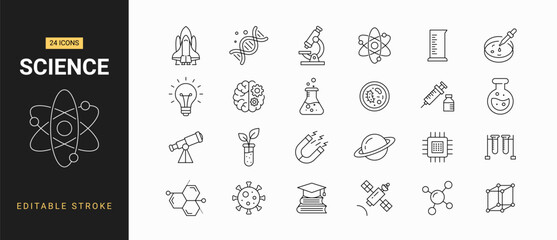 Science and Laboratory Research Line Icons Set for Physics, Chemistry, Biology, Space Exploration, and Education © stock9999
