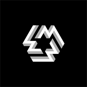 Futuristic 3D isometric hexagon logo merging triple interlocking M letters with gray shading. Unique & elegant mark ideal for tech startups, AI labs, software, and corporate identity.