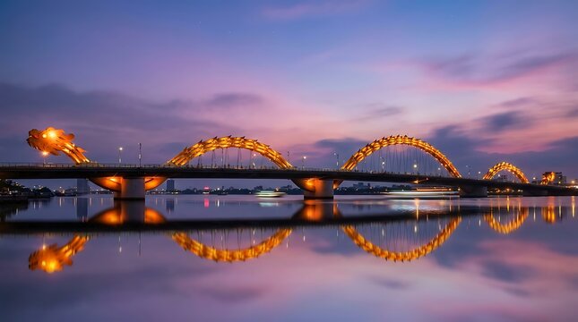 Stunning illuminated dragon bridge reflecting in the han river at twilight in da nang city vietnam