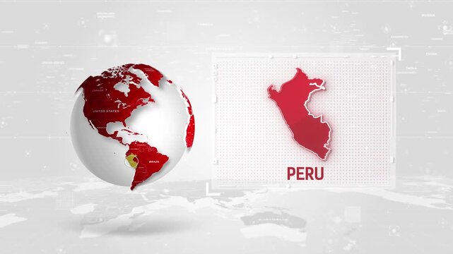 Peru 4K Tech Map Beside Globe On White Background.