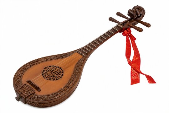 Traditional lute decorated with red ribbon on white background