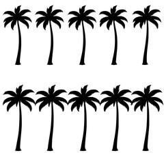 Fototapeta premium Eight black silhouette palm trees evenly spaced in a 4x2 grid, set against a plain white background. The palm trees are stylized with thick, bold lines and have a slightly curved trunk with a full,...