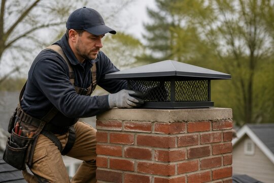 Roofer inspecting chimney cap on residential roof during daytime