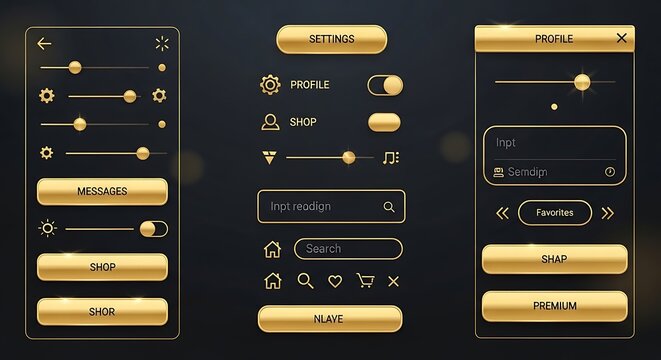 Set of modern mobile app interface design elements with golden buttons and dark control panels