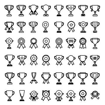 Awards icons set with 24 distinct award and trophy icons arranged in a 6x4 grid in minimalist black and white vector style featuring awards, trophies, medals with ribbons and certificates