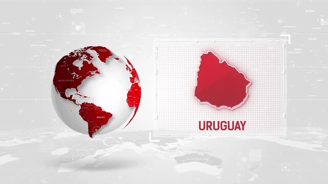 Uruguay 4K Tech Map Beside Globe On White Background.