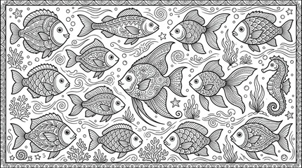 Underwater sea life coloring page vector illustration featuring detailed ocean fish seahorse coral reefs and aquatic waves pattern © Pinki