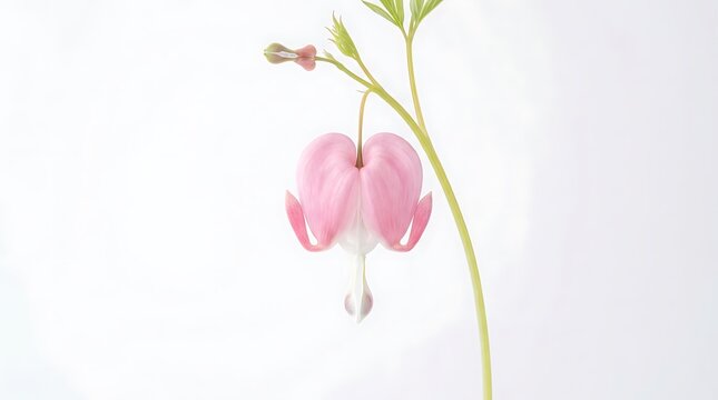 A single beautiful pink bleeding heart flower blooming on a thin green stem