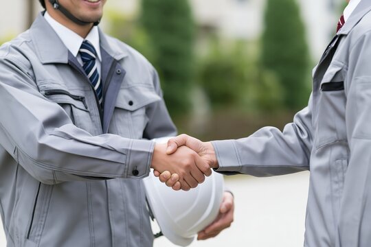 ビジネス合意を示す作業着の日本人男性が笑顔で握手