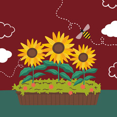 Cute Sunflower Garden Illustration with Bee and Floral Background