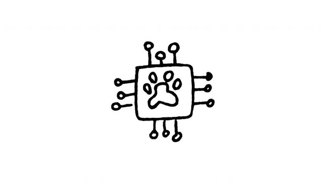 Animated pet GPS tracking chip doodle icon. Features 4K frame by frame boiling line animation on black and green screen backgrounds for microchip implant, pet location locator, and technology.