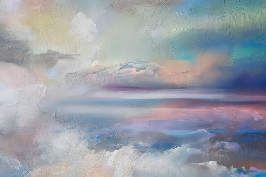 Abstract oil painting capturing soft pastel clouds in a calming sunset dreamscape sky with brushstrokes