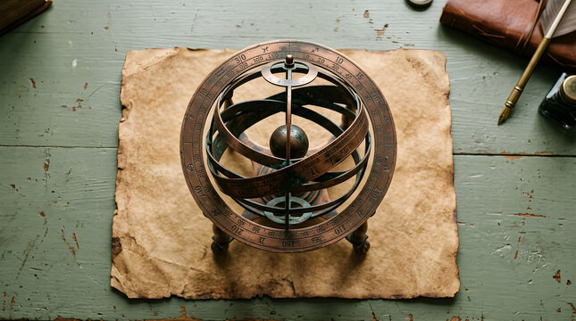 Macro Overhead Antique Copper Armillary Sphere Resting on Blank Amber Star Chart with Sage Desk