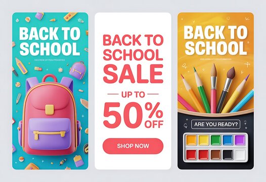 Set of three vertical back to school sale banners with colorful stationery supplies and discount promotional text