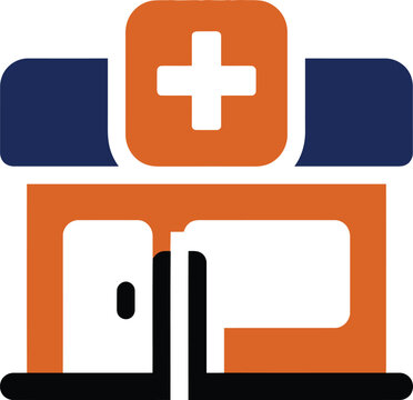 Abstract geometric letter E logo with Swiss cross and medical plus sign represented in orange blue black colors
