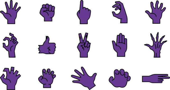 Set of purple monster hand gestures isolated on white background for your creative halloween party design projects