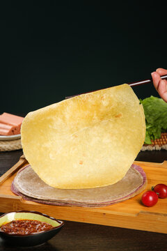 Thin Whole Grain Corn Tortilla with Fresh Vegetables and Salsa on Wooden Board - Gluten Free Breakfast Options