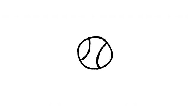 4K animated tennis ball doodle icon. Frame by frame line art on black and green screen chroma key background for pet fetch toy, active dog play, outdoor game, and exercise sports edits.