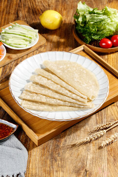 Fresh Tortillas with Vegetables and Wheat on Wooden Table for Healthy Meal Prep